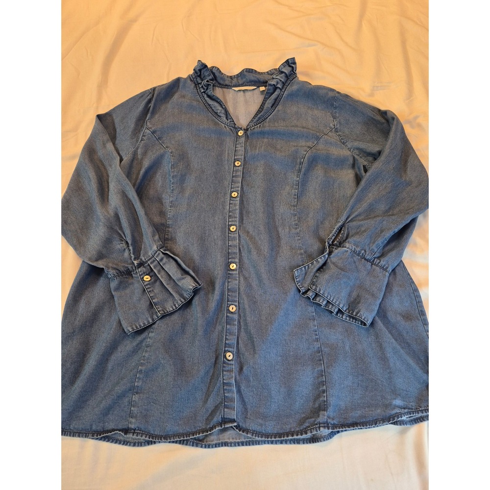 Soft Surroundings Women 1X Blue Chambray Ruffle Neck Cuff Denim Tunic Top Flowy - Picture 7 of 9